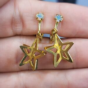 Avon Gold Star Dangle Earrings Clip On With Rhinestone Accent
